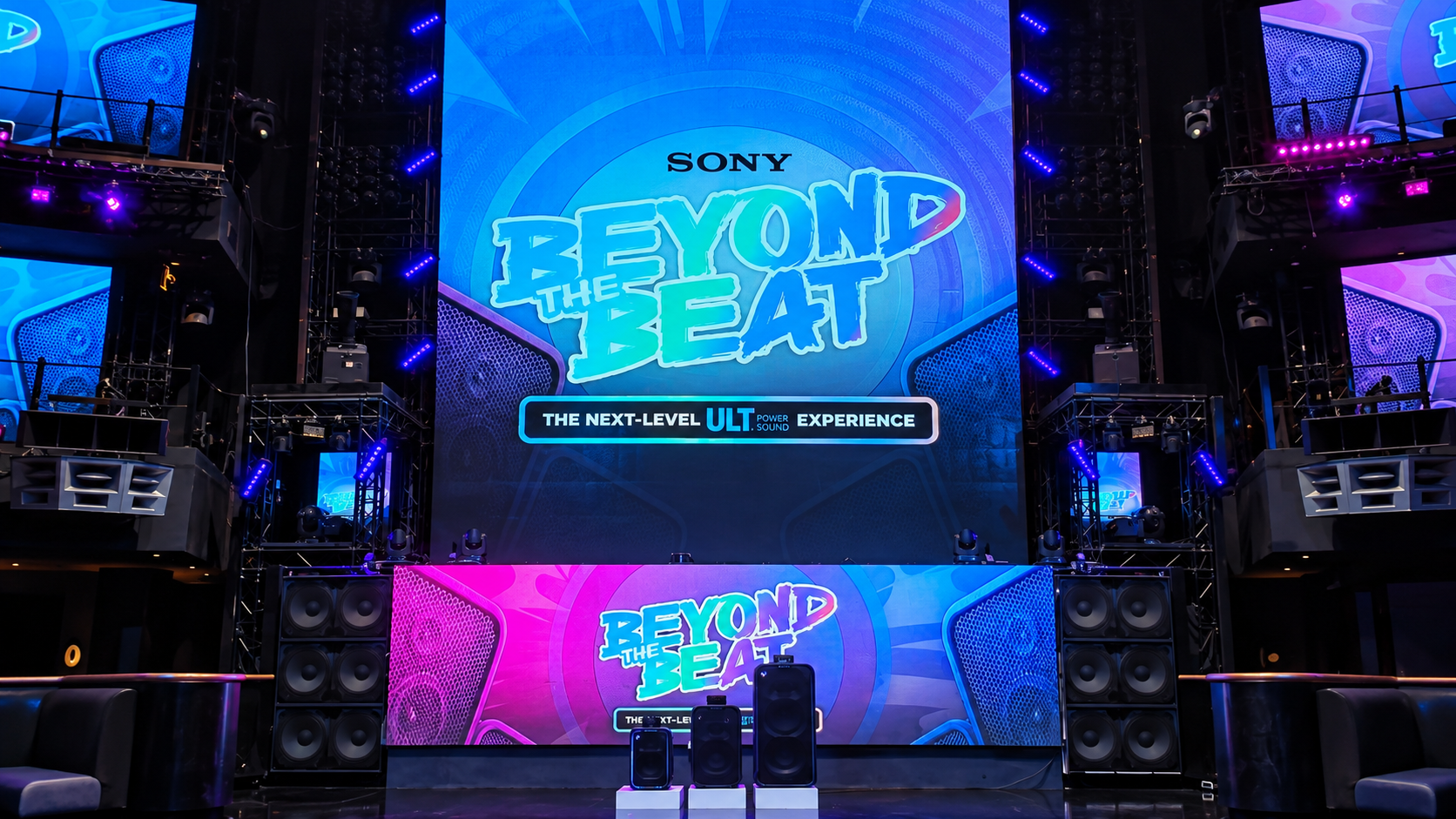 Sony ULT POWER SOUND series lineup featuring ULT TOWER 5, 7, and MAX on stage at COVE Manila